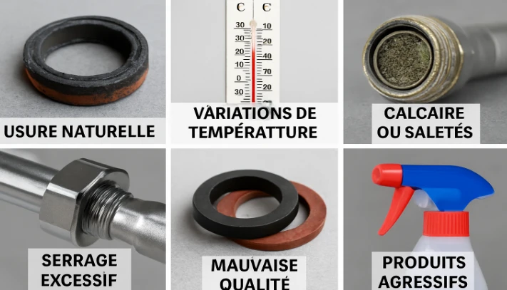 causes d’usure des joints de plomberie : usure, température, calcaire, serrage excessif, mauvaise qualité, produits chimiques.