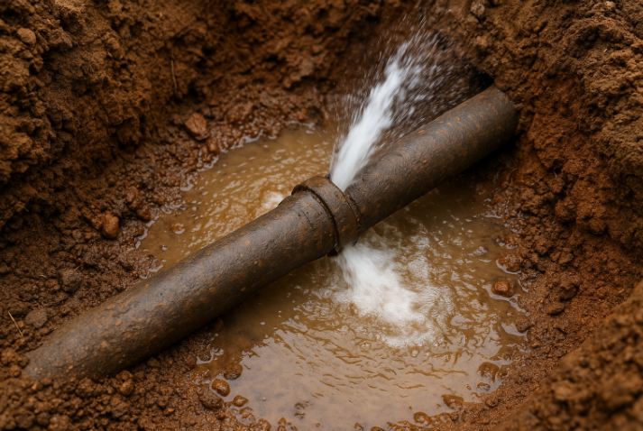 Détection fuite d'eau sur canalisation enterrée dans un sol argileux détrempé et boueux.