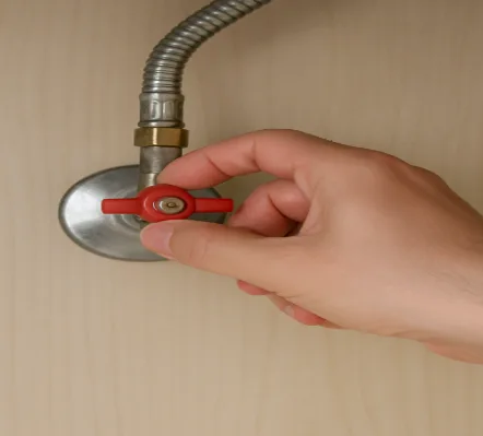 main fermant une vanne d’arrêt rouge de plomberie pour couper l’arrivée d’eau lors d’une fuite ou d’une intervention.