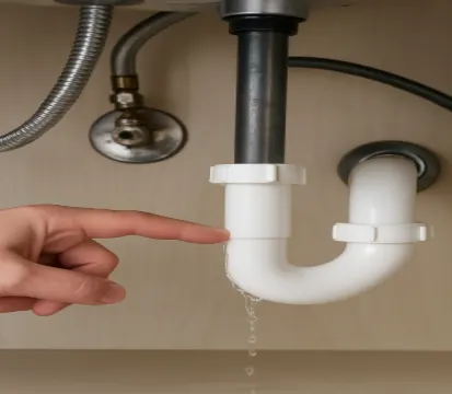 main fermant une vanne d’arrêt rouge de plomberie pour couper l’arrivée d’eau lors d’une fuite ou d’une intervention.