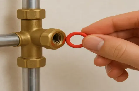 main insérant un joint rouge neuf dans un raccord en laiton de plomberie sur tuyaux métalliques pour assurer l’étanchéité.