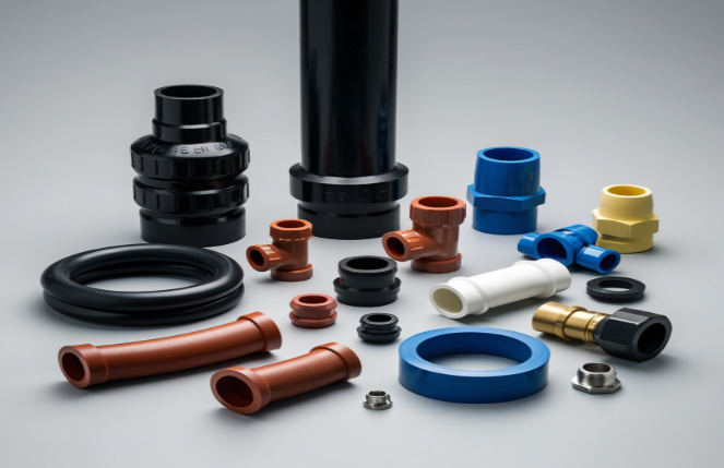 différents raccords et pièces de plomberie en plastique et métal, utilisés pour assembler et réparer des canalisations et systèmes hydrauliques.