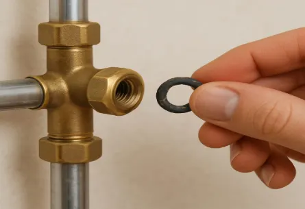 main tenant un joint usé retiré d’un raccord en laiton de plomberie sur tuyaux métalliques, étape préalable au remplacement pour stopper une fuite.