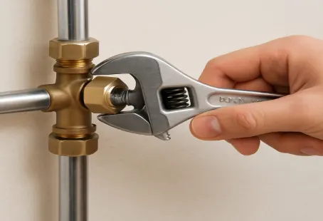 main serrant un raccord en laiton de plomberie avec une clé à molette sur des tuyaux métalliques pour éviter les fuites d’eau.