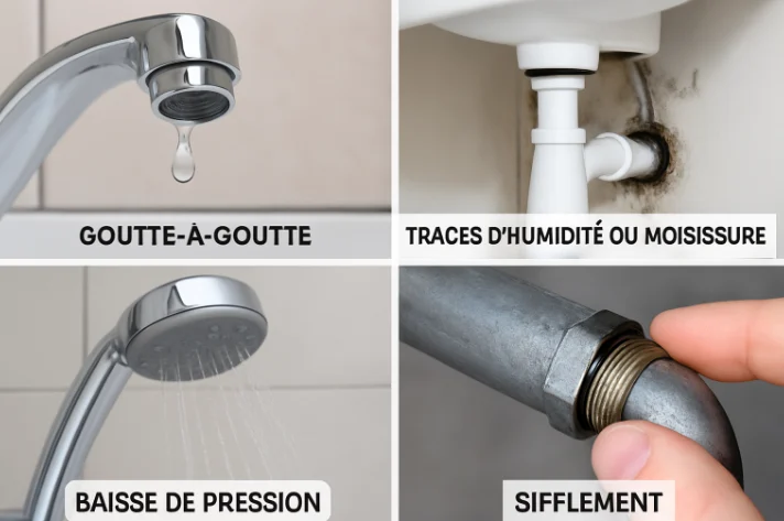 signes de problème plomberie : goutte-à-goutte, traces d’humidité, baisse de pression et sifflement dans les canalisations.